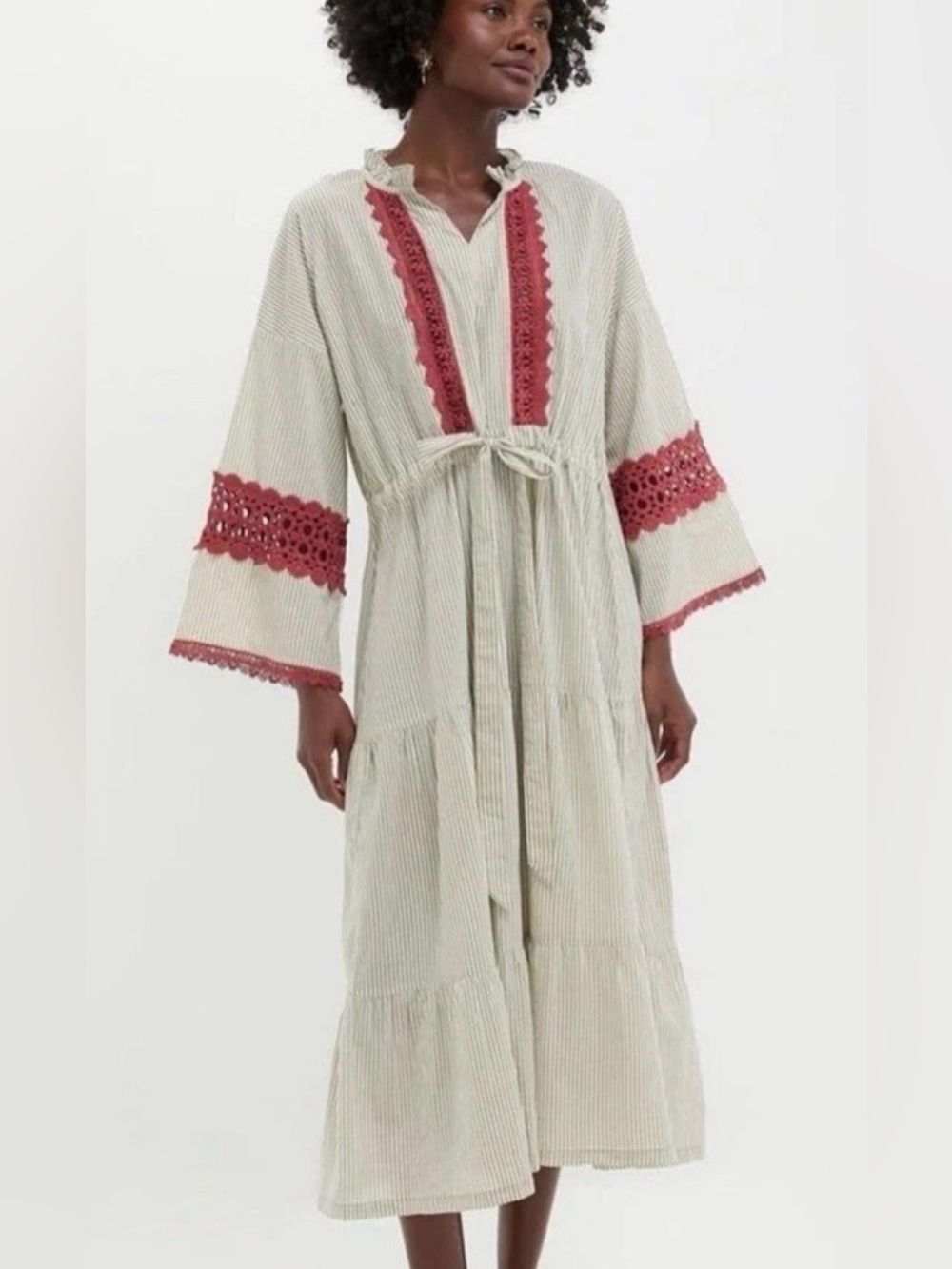 Tuckernuck Chili Tan Stripe Maxi Caftan Medium Cotton Embroidered NWT